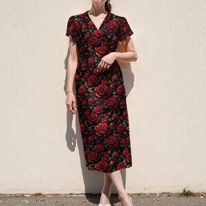 Rose Dress Short Sleeve Size Large Roses black Rockabilly Sexy Spring